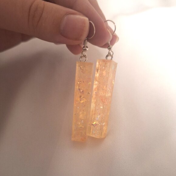 Artisan Handmade Pink Iridescent Resin Rectangle Statement Earrings - Picture 4 of 4